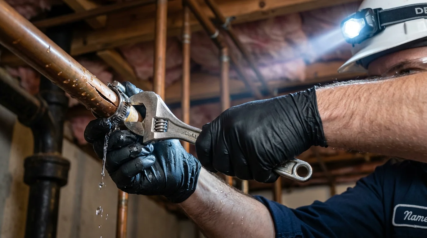 Emergency pipe clamp repair being performed by a Johns Plumbing LLC plumber in Mineola