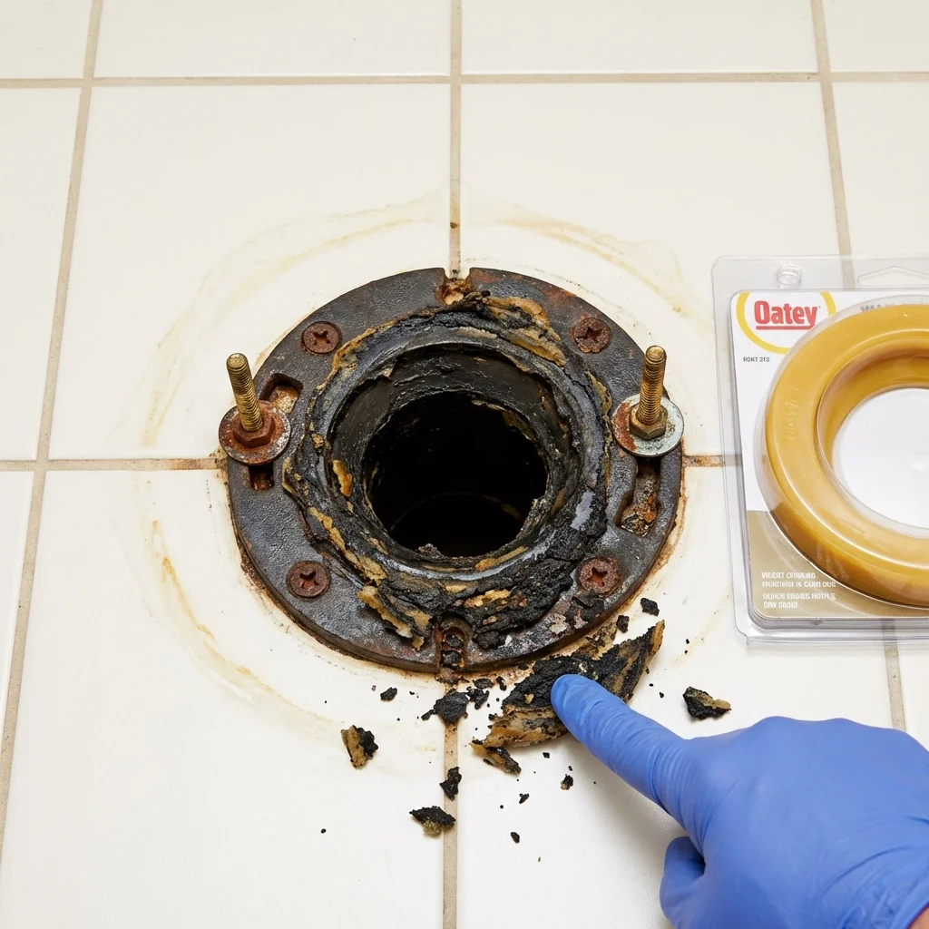 Failed wax ring showing water seepage at the base of a toilet in a Mineola, TX home
