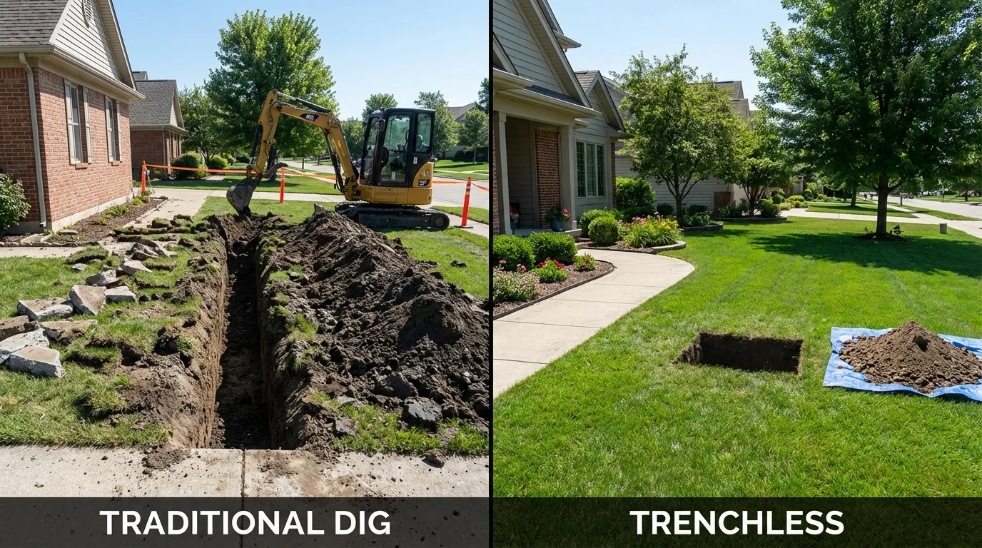 Trenchless sewer repair with minimal yard damage versus traditional excavation in Mineola, TX
