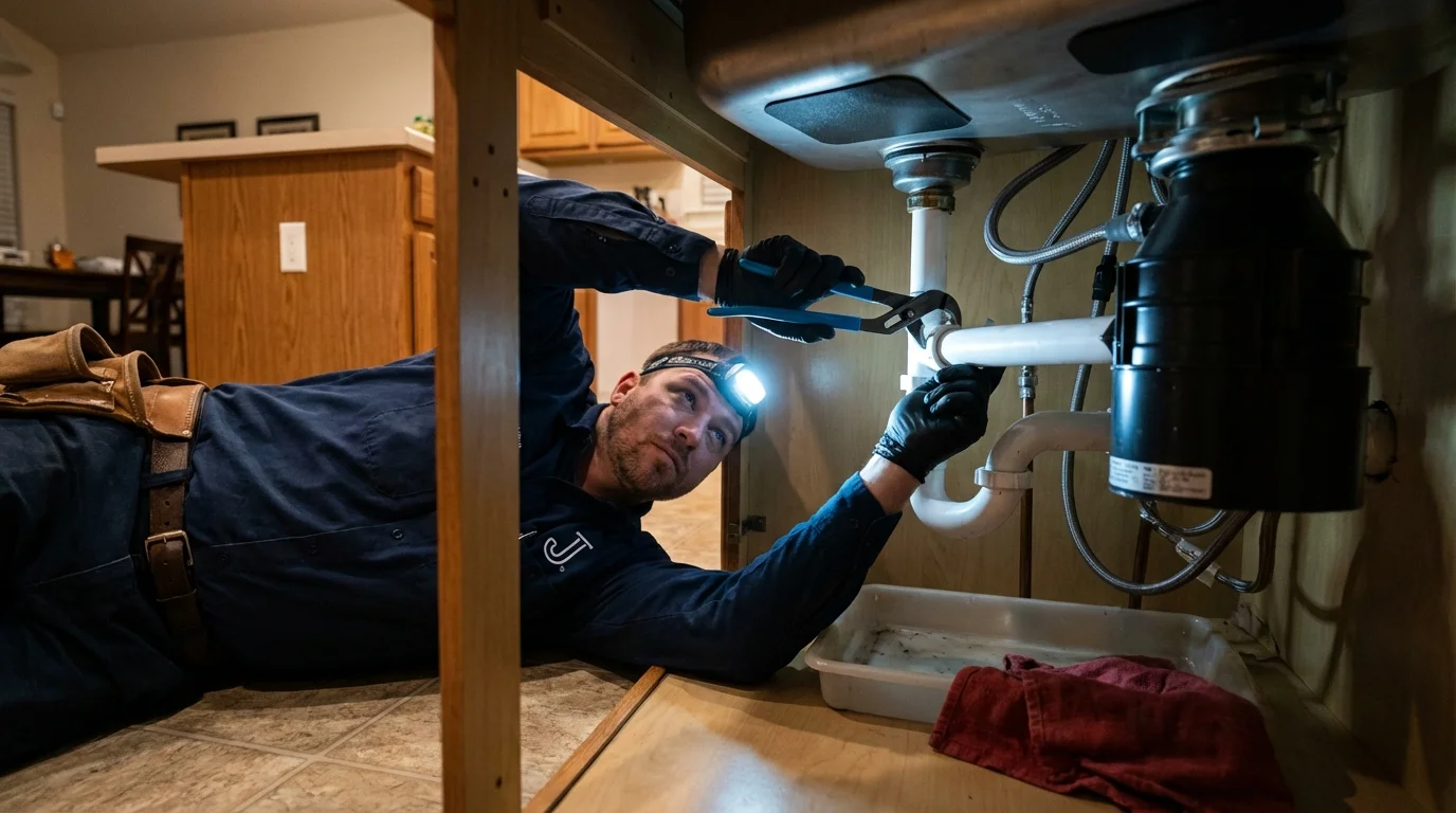 P-trap and supply line connections under a kitchen sink showing a common leak point in Mineola, TX